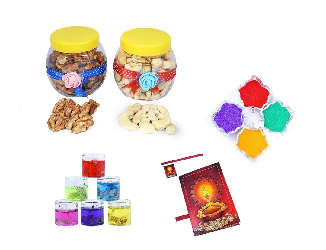 MANTOUSS Diwali Dry Fruit Decorated Jar-Cashew and Walnut(100gms Each),200 GMS + 2 Gel Filled Glass Candle, Diwali Greeting Card and Rangoli Colours