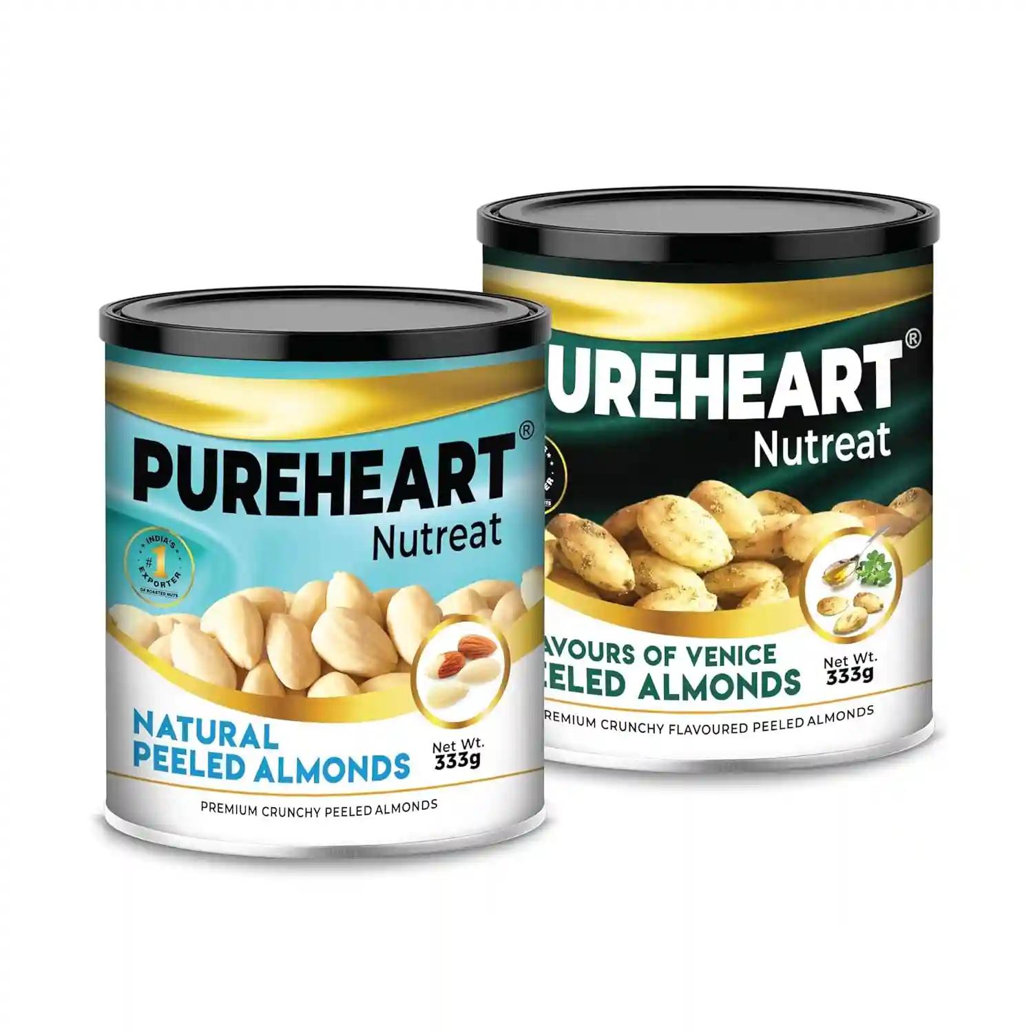 PUREHEART Nutreat Combo of Peeled Almonds Natural and Flavored Almonds (333 gm, Each) Flavors of Venice - Whole Blanched California Premium Almond Nuts Without Skin/Dried Badam /Dry Fruit