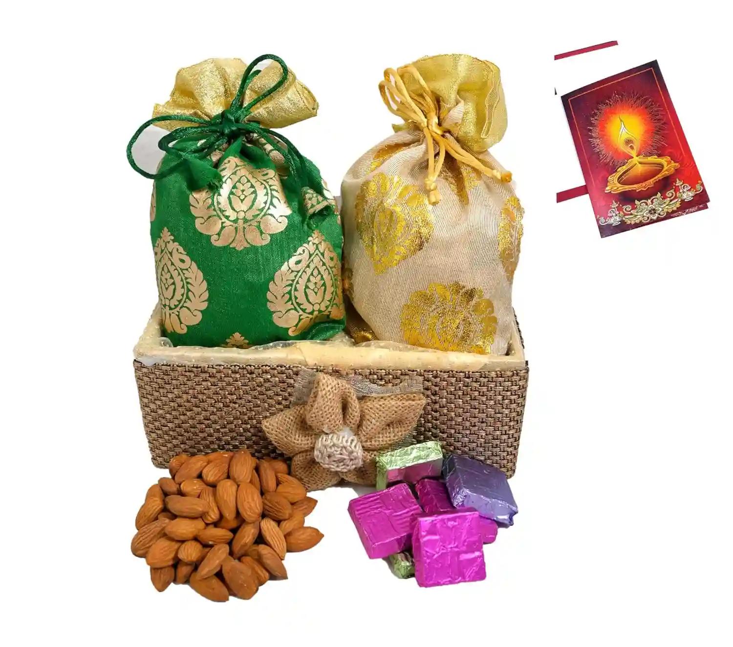 Diwali dry fruits gift box/diwali dry fruits tray/diwali dry fruits gift hamper/Diwali gift hamper-Decorated basket potli of mix dry fruits+potli of chocolates+Diwali greeting card