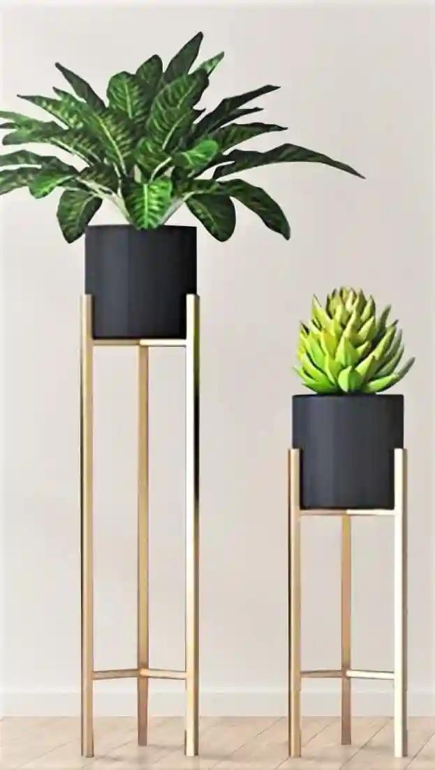 AMASS HANDICRAFTS® Modern Metal Floor Flower Stands Planter for Living Room Bedroom Display Plant Stand Tall Indoor Plant Stand with Planter Pot - Set of 2 (Black)