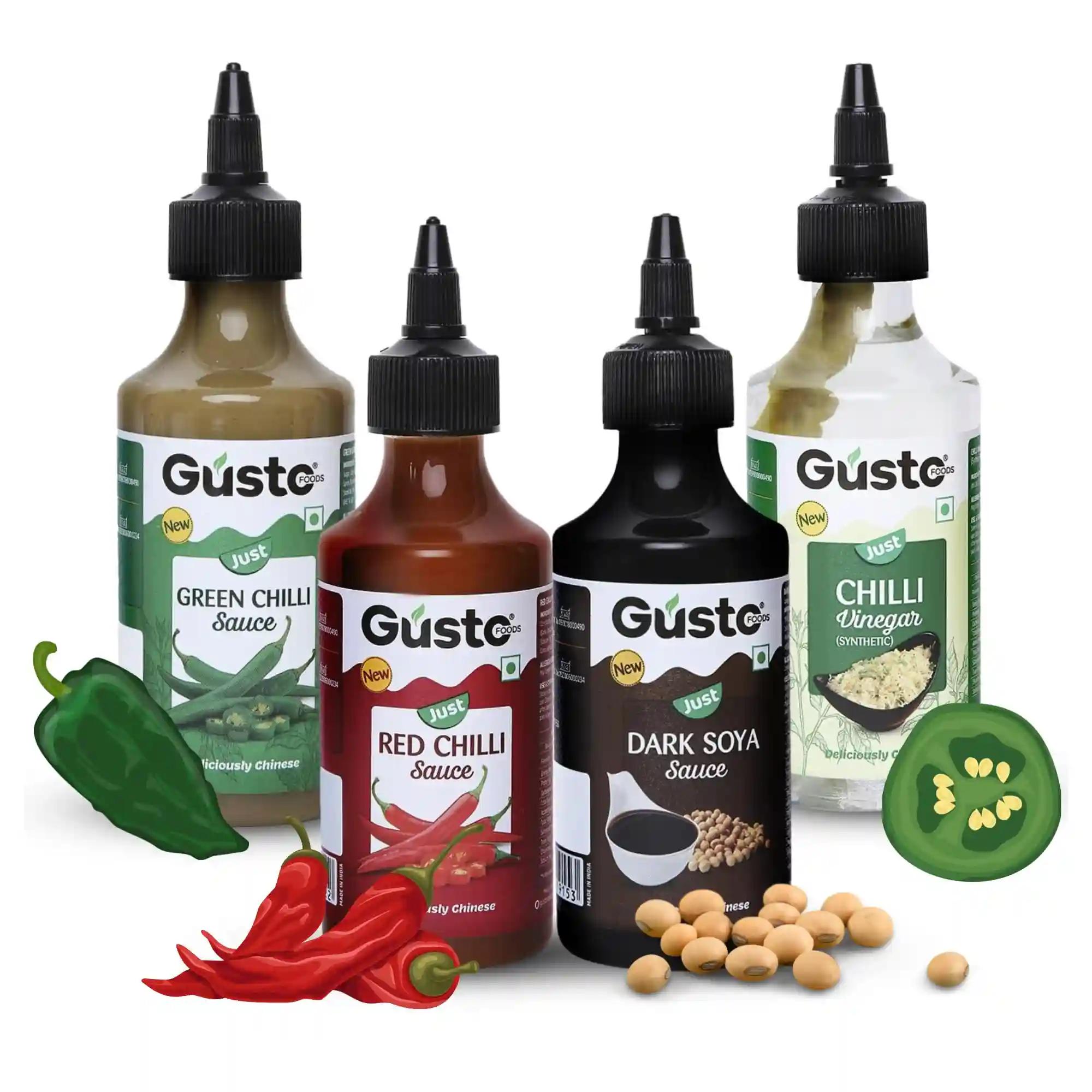 Gusto Foods Chinese Sauces Combo | Red Chilli Sauce 200gm + Green Chilli Sauce 190gm + Soya Sauce 310gm + Chilli Vinegar 170ml | Asian Sauces Combo | Ideal for Fried Rice, Noodles, Paneer & Vegetables