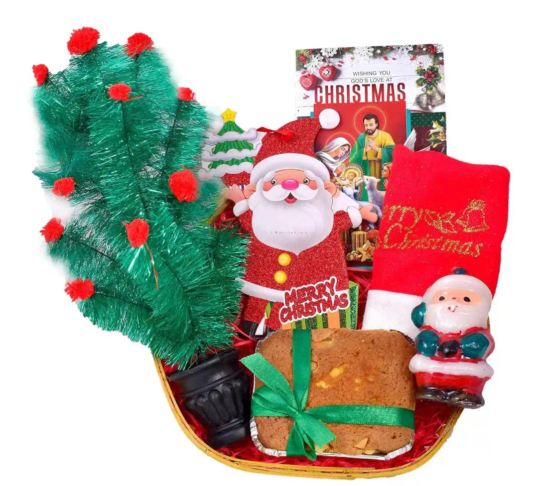 Christmas Cake Gift Hamper/Christmas Gifts/Christmas Gift for Kids-Decorated Basket+150gms Cake+Christmas Tree+Christmas Decorative hangings+Santa Claus Cap+Santa Claus Candle+Christmas greeting Card