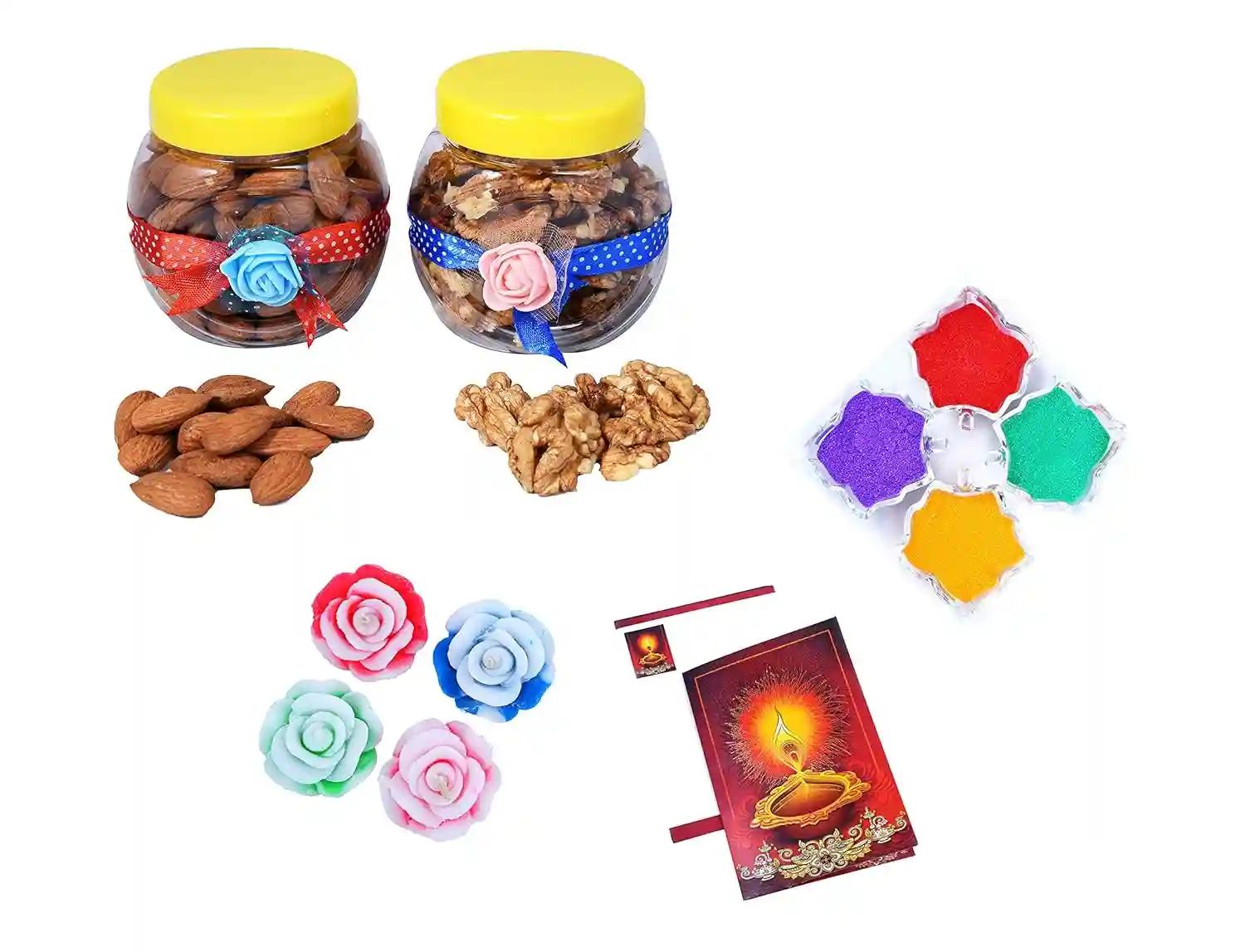 MANTOUSS Diwali Dry Fruit Decorated Jar-Almond and Walnut(100gms Each),200 GMS + 2 Floating Diya, Diwali Greeting Card and Rangoli Colours