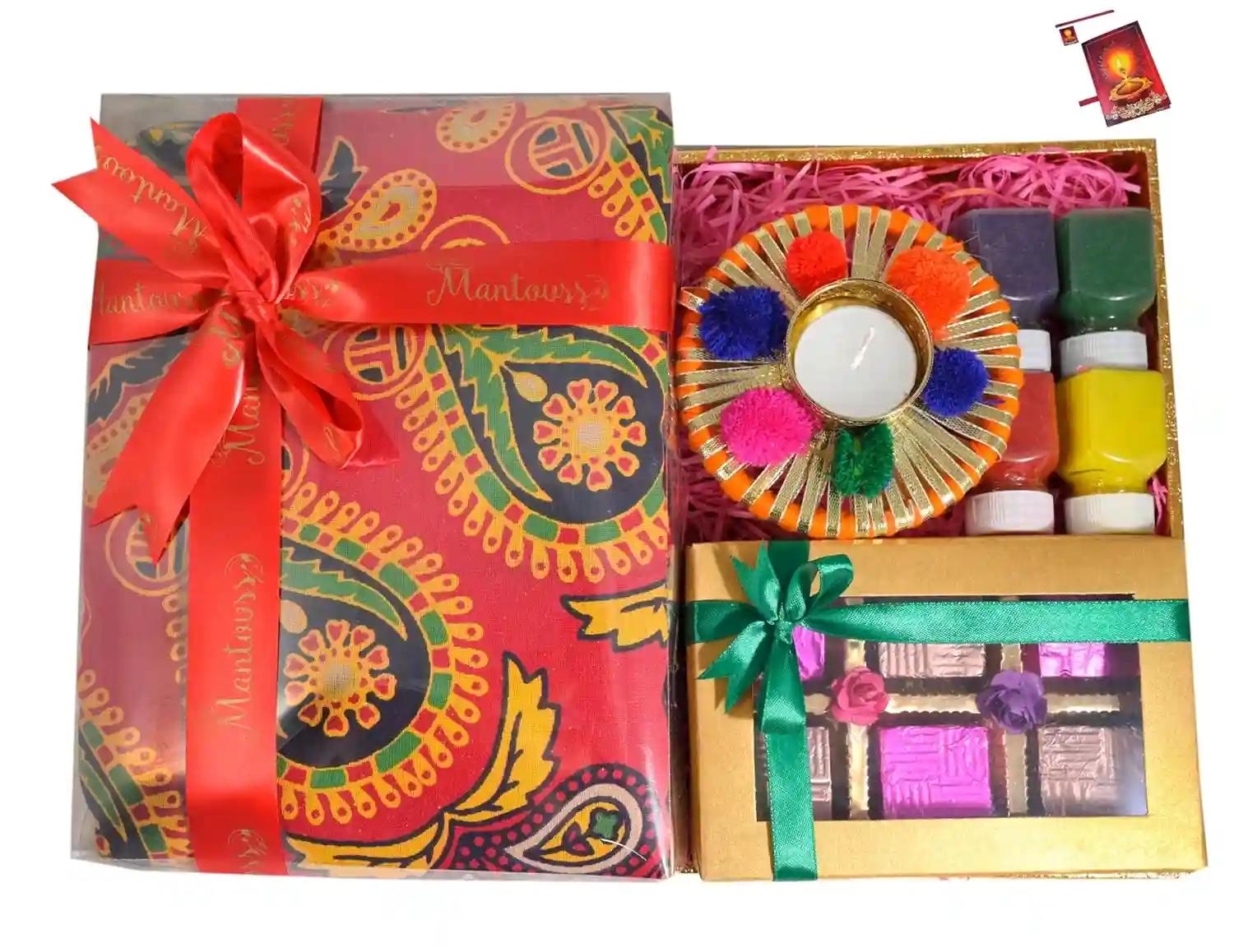 Diwali gift box/diwali gift pack/diwali gifts for employees/diwali chocolate gift-decorated tray+chocolate box+designer candle holder with tealight+Mandala bedsheet+4 Rangoli Colours+Diwali Card