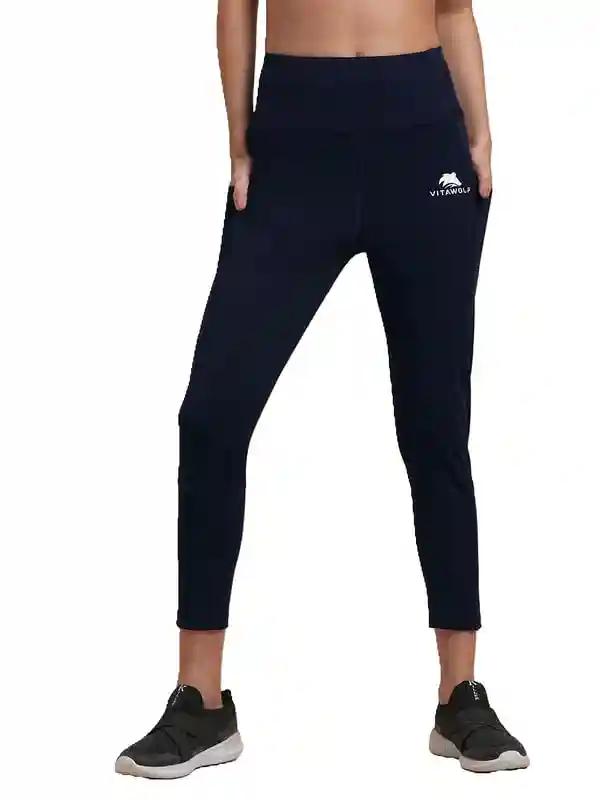 VITAWOLF Women's Tight Gym Wear with Two Side Pocket | Track Pants Ideal for Active Wear, Yoga and Workout | Stretchable Gym Pants for Women | Navy Blue (XX-Large)