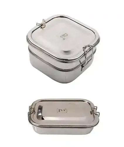 Jvl Stainless Steel Rectangular & Square Shape Single & Double Layer Not Leak Proof Lunch Box With Inner Plate - Set Of 2