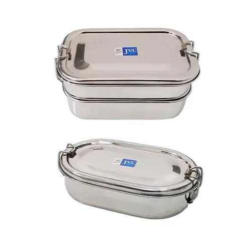 Jvl Stainless Steel Rectangular Double Layer Lunch Box With Inner Plate & Small Capsule Single Layer Lunch Box With Inner Plate - Set Of 2