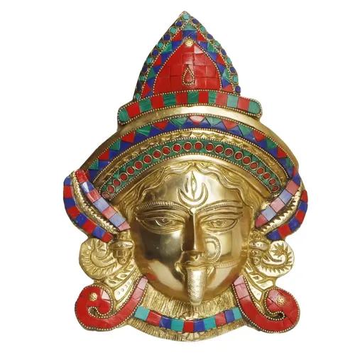 ARTVARKO Brass Kali Mata Maa Face Mask Idol Statue Murti Multicolor Stone Handwork For Office Home Décor Wall Hanging Mount 10.5 Inch