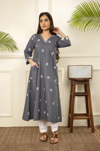 Grey Bandhani Tie And Dye Cotton A-Line Kurta - X-Small