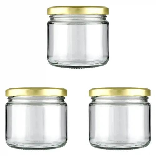 Shiva Organic 350gm Salsa Glass Jar for Kitchen Storage | Food Grade Glass Container | Golden Metal Cap | Air Tight Lid | Clear Transparent Jar (Pack of 3)