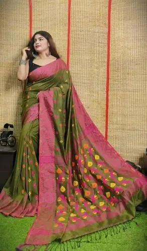 Cotton Tangail Green Handloom Saree