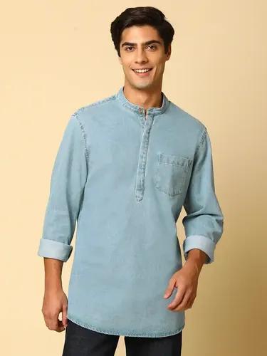 Indivisual Men's Cotton Band Collar Denim Shirt Kurta - S