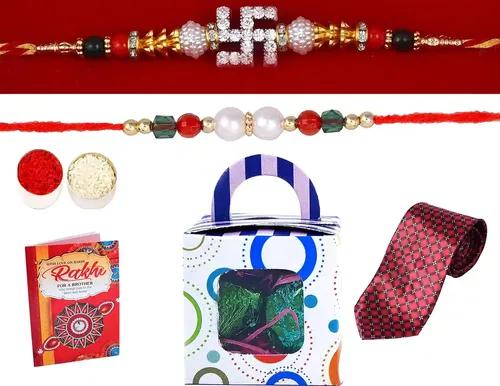 MANTOUSS Rakhi For Brother With Gift Set Of 2/Rakhi For Brother With Sweets/Rakhi Gift For Brother-Swastik Fancy Rakhi+Beads Rakhi+Chocolate Box+Men'S Neck Tie+Rakhi Greeting Card