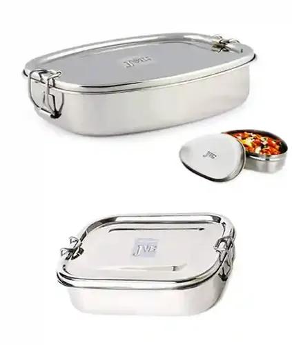 Jvl Stainless Steel Rectangular Not Leak Proof Lunch Box With Inner Plate & Small Deluxe Lunch Box With Mini Container - Set Of 3