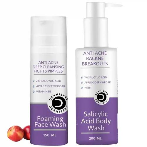 Dermistry Anti Acne Foaming Deep Cleanser Face Wash & Back Acne Body Shower Gel Wash With 2% Salicylic Acid Acid, Apple Cider, Vinegar And Niacinamide Zinc And Pimples & Excess Oil Removal &  Exfoliator Deep Cleansing Of Oily Acne Prone Skin For Men & Women ( Pack Of 2 - 350 Ml )