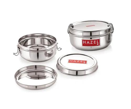 HAZEL Steel Tiffin Box for Office | Stainless Steel Lunch Box Inner Plate | Traditional Design Glossy Finish Steel, Set of 2, 350 ml & 500 ml