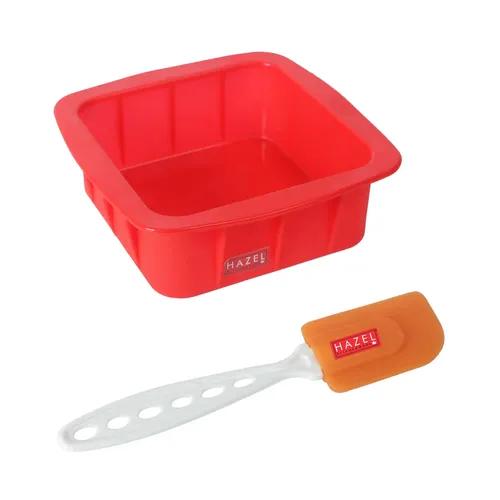 HAZEL Small Silicon Red Square Shape Cake Mould for Half Kg with Orange Spatula