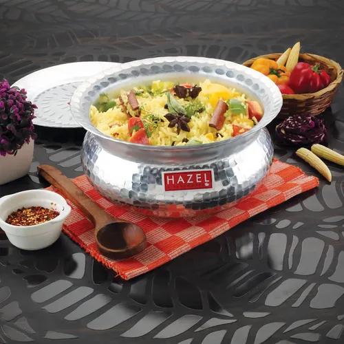 HAZEL Aluminium Hammered Finish Handi with Lid Biryani Rice Cooking Pot GOL Patiya Tope Patila Vessel, 24.5 cm, 3900 ML Silver