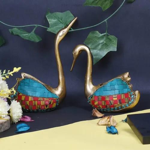 ARTVARKO Brass Swan Pair Multicolor Stone Handwork Multipurpose Use Napkin Holder Cum Pen Stand Duck Pair Statue Vastu Love Couple Decorative Animal Gift Showpiece