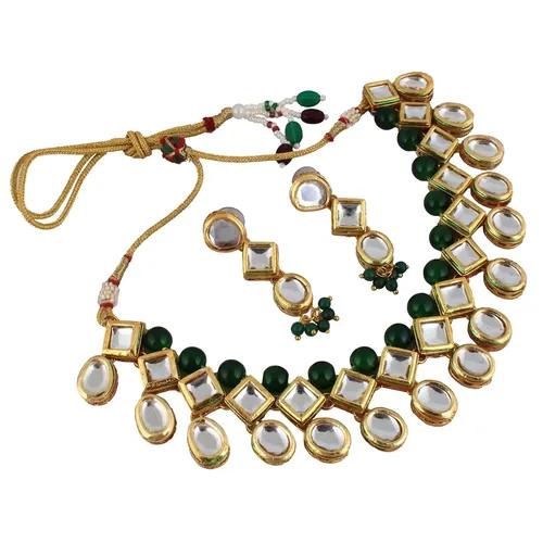 Gold Plated(18k) Meenakari Kundan Choker Necklace Set - Green