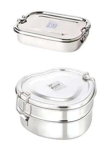 Jvl Stainless Steel Rectangular Shape Single Layer & Small Heart Shape Double Layer Lunch Box With Inner Plate - Set Of 2