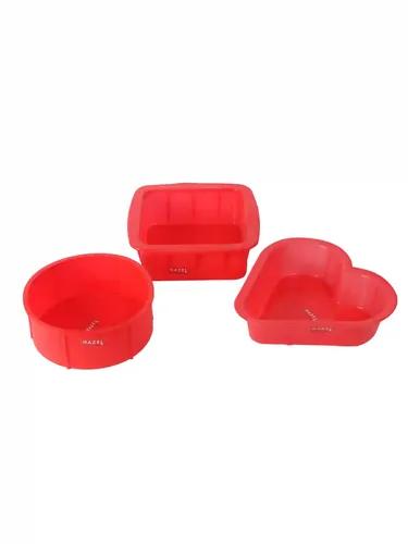 HAZEL Small Silicone Square, Round and Heart Shape Cake Mould for Half Kg, 3 Pcs, Red