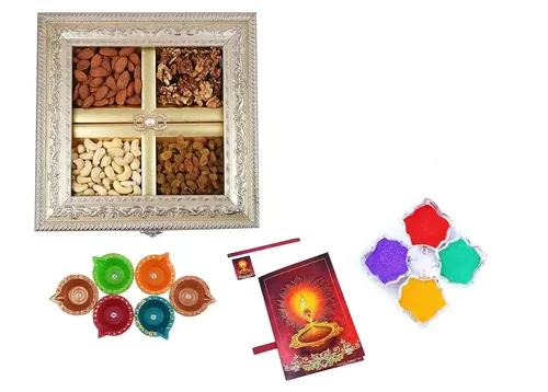 MANTOUSS Diwali Dry Fruit Combo-Cashew,Almond,Walnut and Raisin (100gms Each) 400gms + 2 Cute diyas, Rangoli Colours and Diwali Greeting