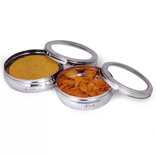 InKitch Stainless Steel Belly Shape Storage Containers for kitchen with Transparent See Through Lid | Puri Dabba | Multipurpose Container, 16cm & 18cm Dia 1.1 Ltr &1.5 Ltr