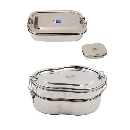 Jvl Stainless Steel Rectangular Single Layer Lunch Box With Small Container & Big Guitar Double Layer Lunch Box With Inner Plate Not Leak Proof - Pack Of 2