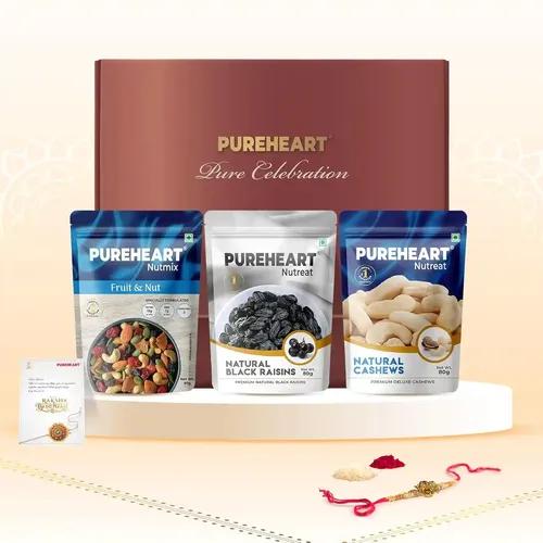 PUREHEART Rakhi Gift Hamper- Natural Cashews, Fruit & Nut Nutmix and Black Raisins (80g, each) with Designer Rakhi for Brother, Gift Card, Pooja Rice, Kumkum - Combo of Crunchy Dry Fruits and Nuts