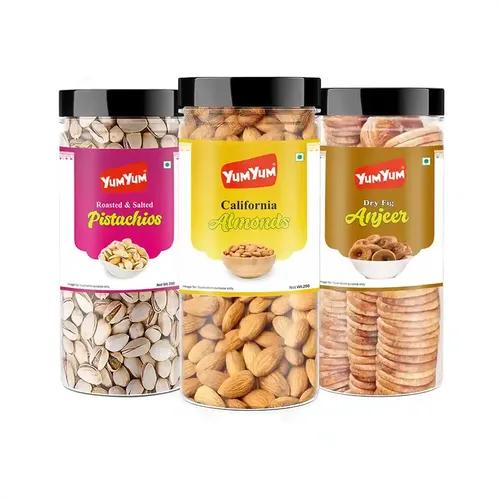 YUM YUM Premium Dry Fruits Combo Pack of 3 (California Almonds 250g, Roasted Salted Pista 250g, Dried Afghani Anjeer Figs 250g) Total 750 g | Healthy Dry Fruits Snacks | Crunchy Nuts | Kaju, Badam, Anjir Dry Fruit Combo