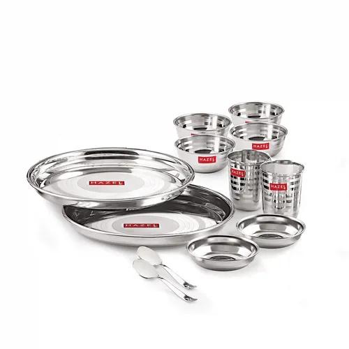 HAZEL Stainless Steel Dinner Set of 12 | Dinner Set Steel (2 Steel Plate, 4 Bowl, 2 Spoon, 2 Dessert Plate, 2 Steel Glass) 12 Pieces, Silver