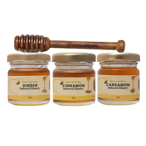 Shiva Organic Natural Honey | Healthy & Spice Infused Honey - Immunity Boosting | Traceable Source | Zero Additives | Zero Added Sugar (Ginger, Cardamom, Cinnamon Infused Honey)