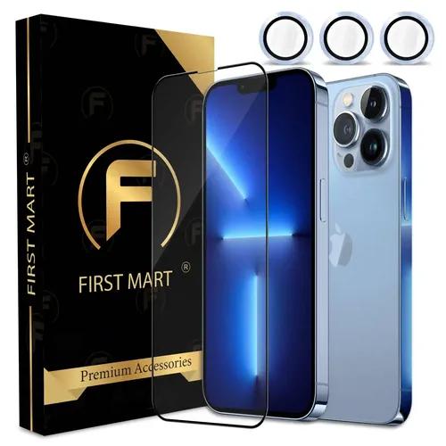 FIRST MART for iPhone 13 Pro Tempered Glass and 1 Set of Individual Blue Camera Rings Protectors, 2.5D Curved Edges, Full-Coverage Military-Grade Protection, Scratch Resistant | Blue Rings