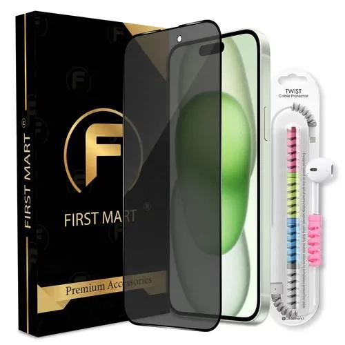 FIRST MART Matte Privacy Tempered Glass for iPhone 15 Plus Edge to Edge Full Screen Coverage with Cable Protector & Easy Installation Kit | Matte Finish