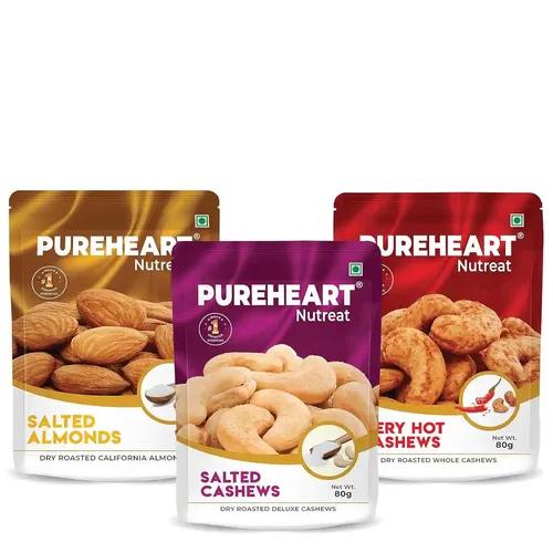 PUREHEART Combo of Salted Almond (80 gm) Fiery Hot Cashews (80 gm) and Salted Cashews (80 gm) Delicious, Crunchy Dry Fruit Snack, Ideal Gift for Everyone