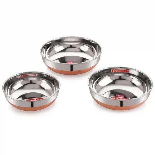 HAZEL Alfa Premium Heavy Gauge Stainless Steel Tasra Kadhai Cookware with Copper Bottom Set of 3 Pc (1 LTR, 1.5 LTR, 1.8 LTR), Silver & Copper