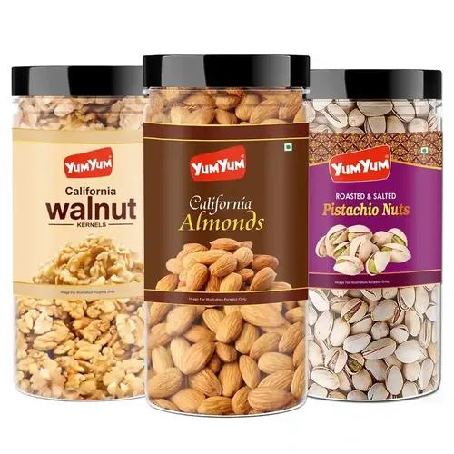 YUM YUM Premium Dry Fruits Combo Pack of 3 | California Almonds 500g, Roasted Salted Pistachios Nut 500g, Walnut Kernels 350g| Total 1350g | Healthy| Badam, Pista,Akhrot Giri Dry fruit Combo