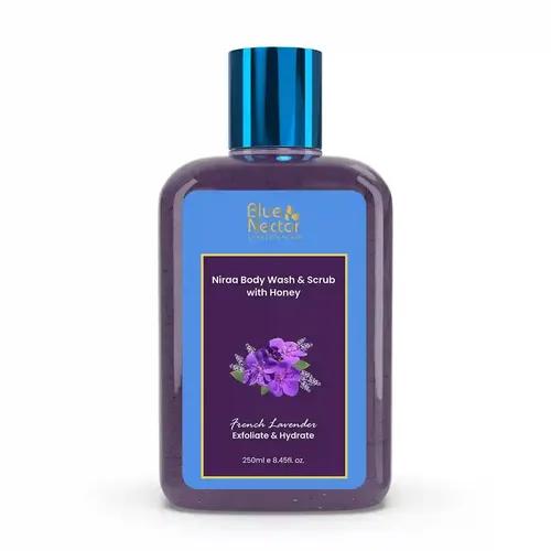 BLUE NECTAR Exfoliating Body Wash & Scrub for Rough & Bumpy Skin | French Lavender Tan Removal Body Scrub for Women & Men (10 herbs, 250ml)