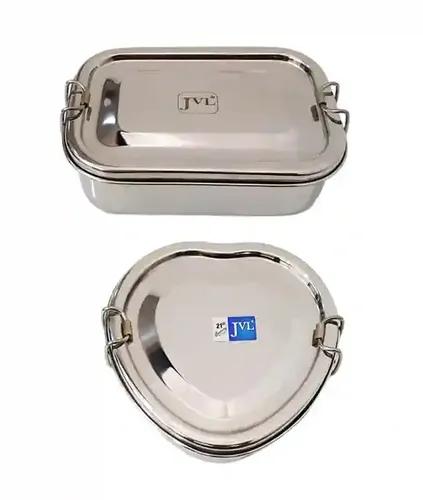 Jvl Stainless Steel Rectangular Single Layer Lunch Box With Inner Plate & Big Heart Lunch Box With Inner Plate Not Leak Proof - Pack Of 2