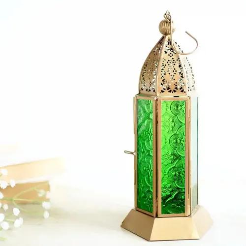 Behoma Moroccan Lantern for Home Decoration Metal Frame with Green Textured Glass | Metal Showpiece for Home Decor Living Room Table Top Hanging Tea Light Holder | Antique Gold Brass Large