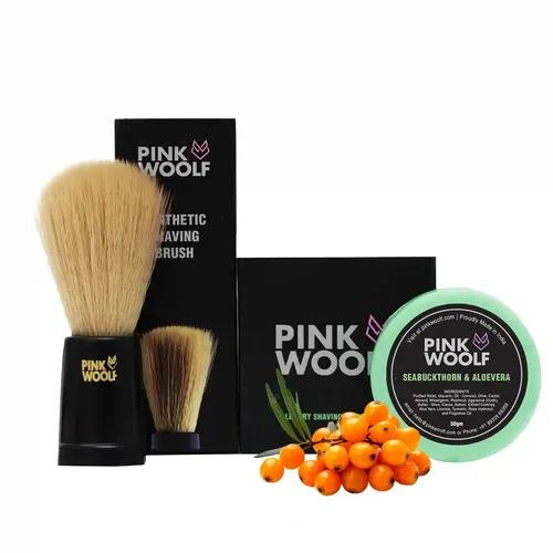 PINK WOOLF Gift for Men, Soft Bristles Shaving Brush And Shaving Soap REFILL (SEABUCKTHORN ALOE VERA), Indulge in Creamy And Energizing Lather - Combo Pack Of 2