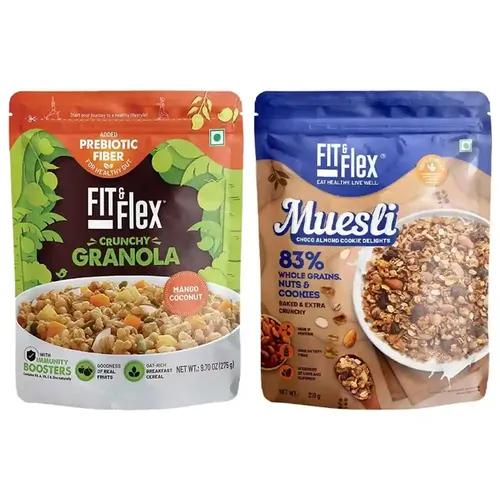 FIT & FLEX Baked Crunchy Mango Coconut Granola (275 g) And Choco Almond Cookie Muesli (210 g) - As Seen on Shark Tank India - 485 g (Breakfast Combo Pack of 2)