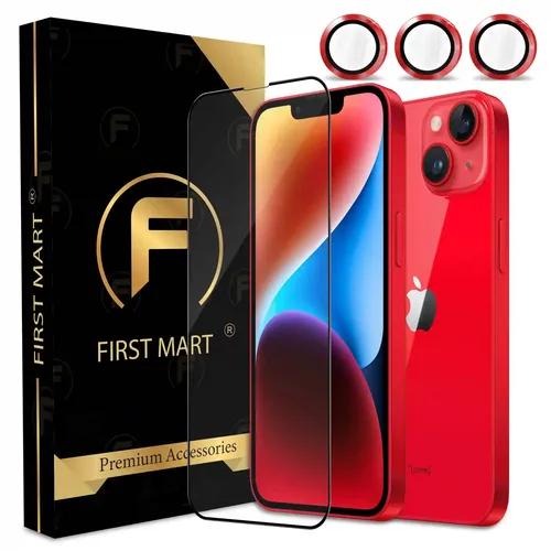 FIRST MART for iPhone 14 Plus Tempered Glass and 1 Set of Individual Red Camera Rings Protectors, 2.5D Curved Edges, Full-Coverage Military-Grade Protection, Scratch Resistant | Red Rings