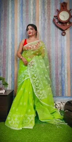 Light Green Reshom Silk Handloom Jamdani Saree