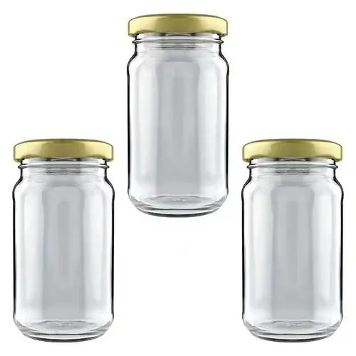 Shiva Organic 200gm Round Glass Jar for Kitchen Storage | Food Grade Glass Container | Golden Metal Cap | Air Tight Lid | Clear Transparent Jar (Pack of 3)