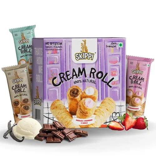 SKIPPI ICE POPS Fresh Sweet Cream Roll - Snacks for Kids | Akin Croissant & Swiss Roll | Assorted Box of 6 (180g), 2 Vanilla, 2 Chocolate & 2 Strawberry Flavor, Pack of 1