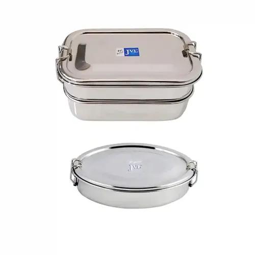 Jvl Stainless Steel Rectangular Double Layer Lunch Box With Inner Plate & Small Oval Single Layer Lunch Box With Inner Plate - Set Of 2