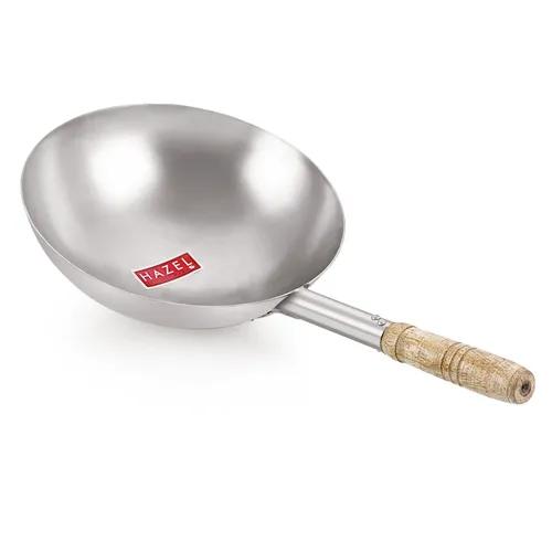 HAZEL Chinese Wok with Handle | Stainless Steel Chinese Kadai for Noodles | Fried Rice Kadai with Handle| Deep Fry Pan. 28.5 cm, 2900 ML