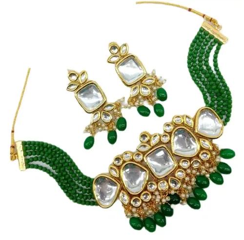 Crystal Polki Kundan Choker Necklace Set With Earring - Green